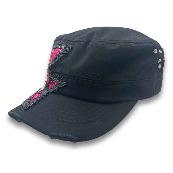 Black Army Cadet Hat Flower Beaded Sequins Round Top Distressed BDU Castro Cap - Picture 3 of 7